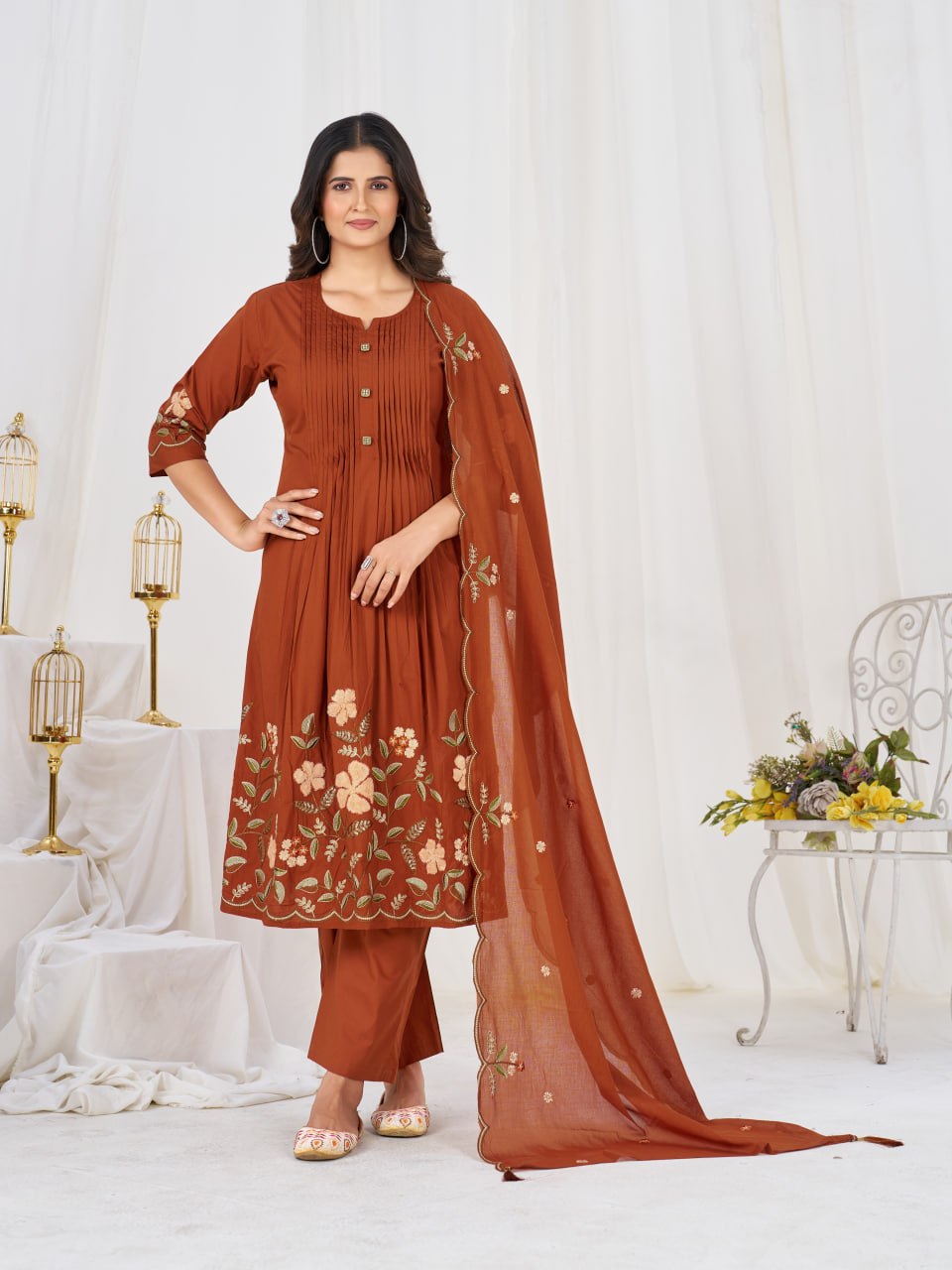 Elegant Embroidered Pure Cotton Anarkali Kurti Set