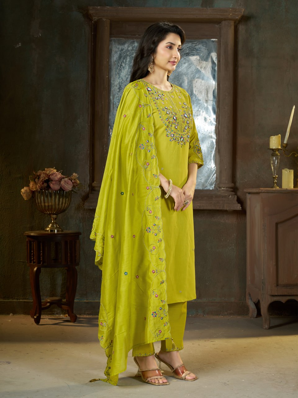 Elegant Embroidered Marina Silk Kurti Set