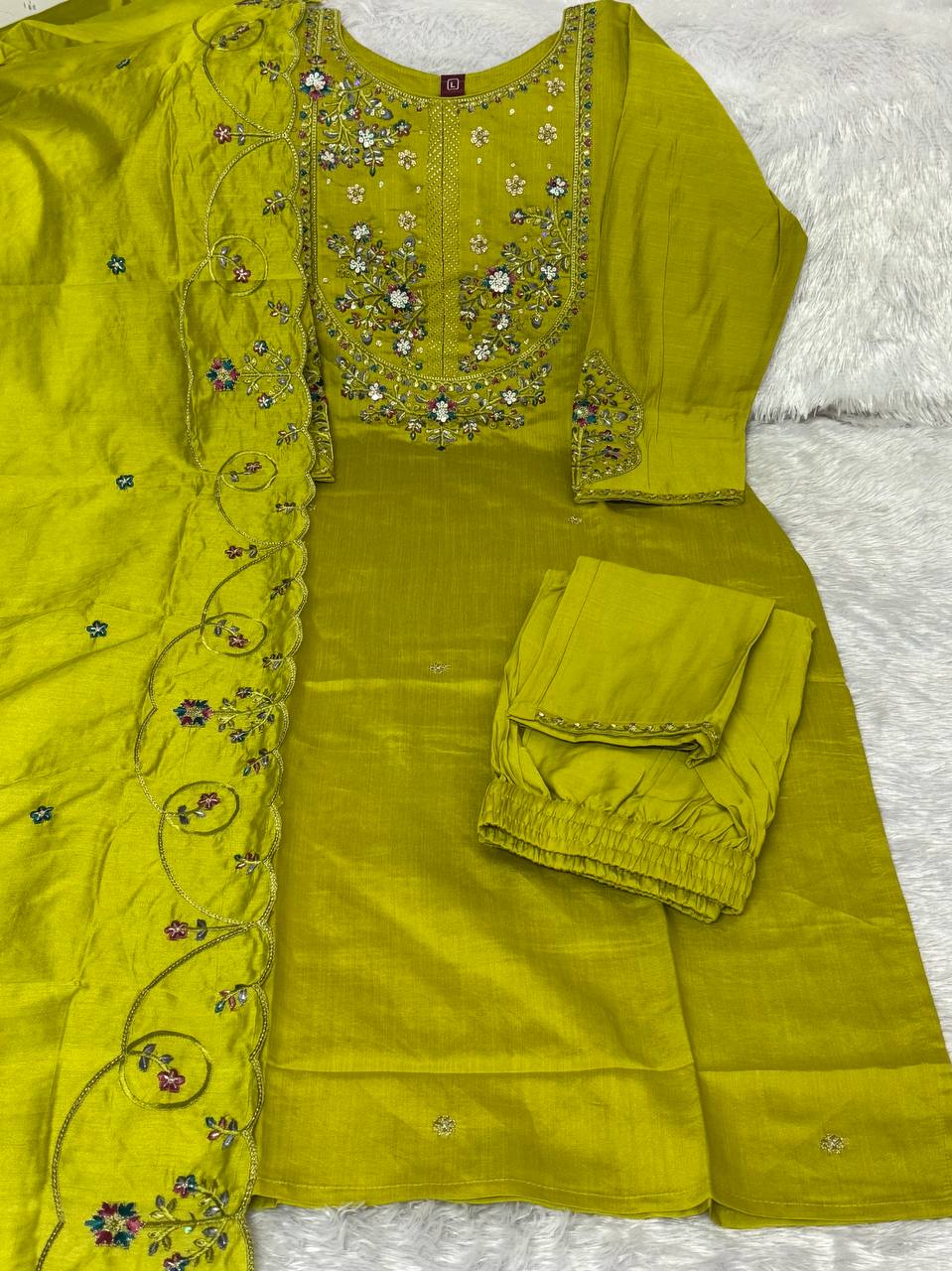Elegant Embroidered Marina Silk Kurti Set