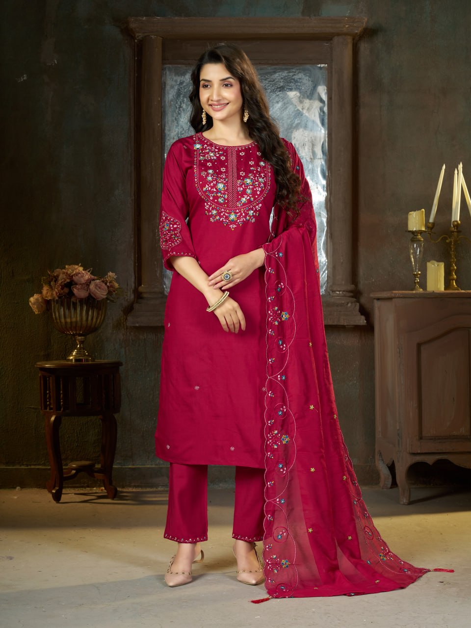 Elegant Embroidered Marina Silk Kurti Set