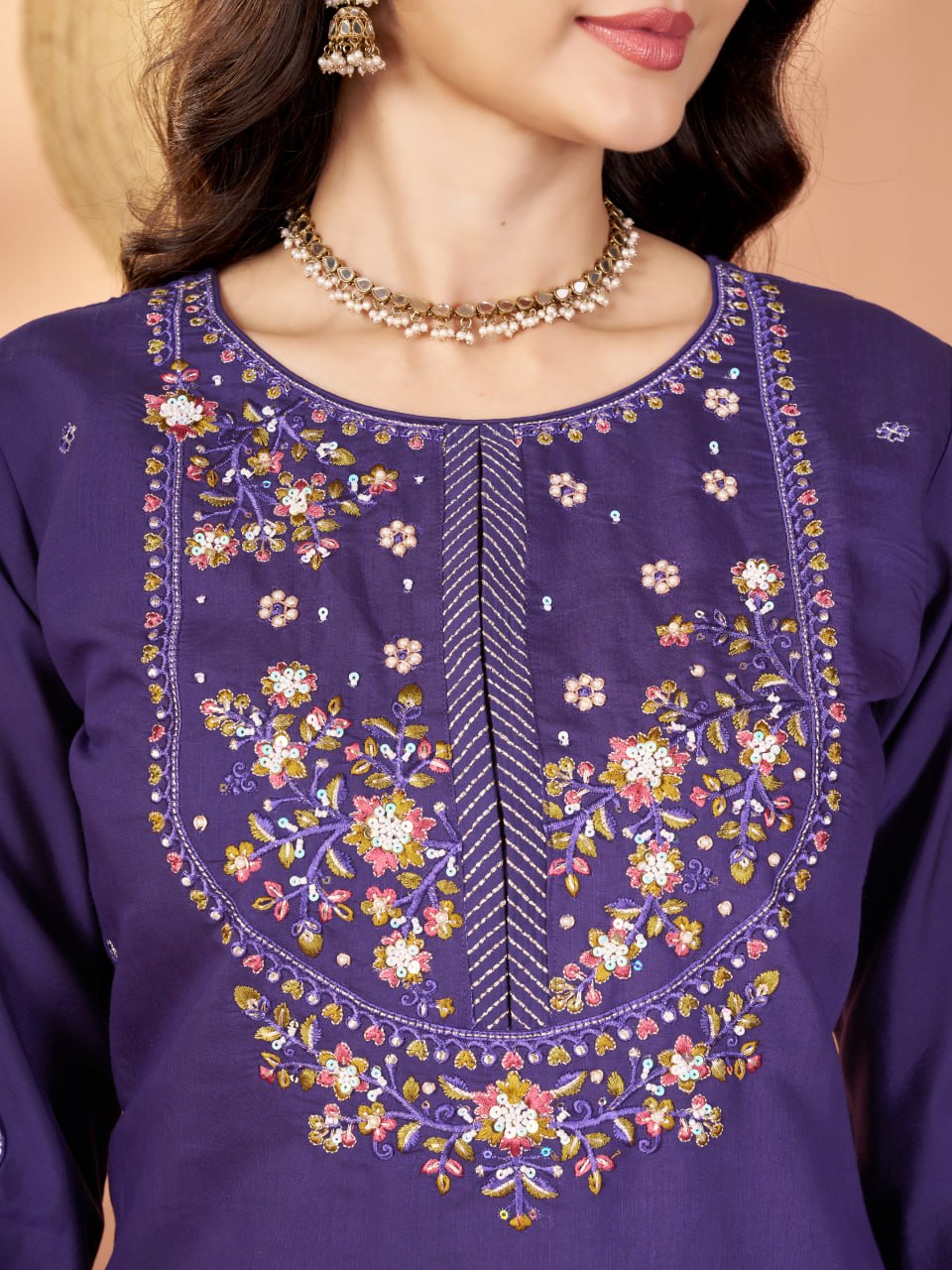 Elegant Embroidered Marina Silk Kurti Set