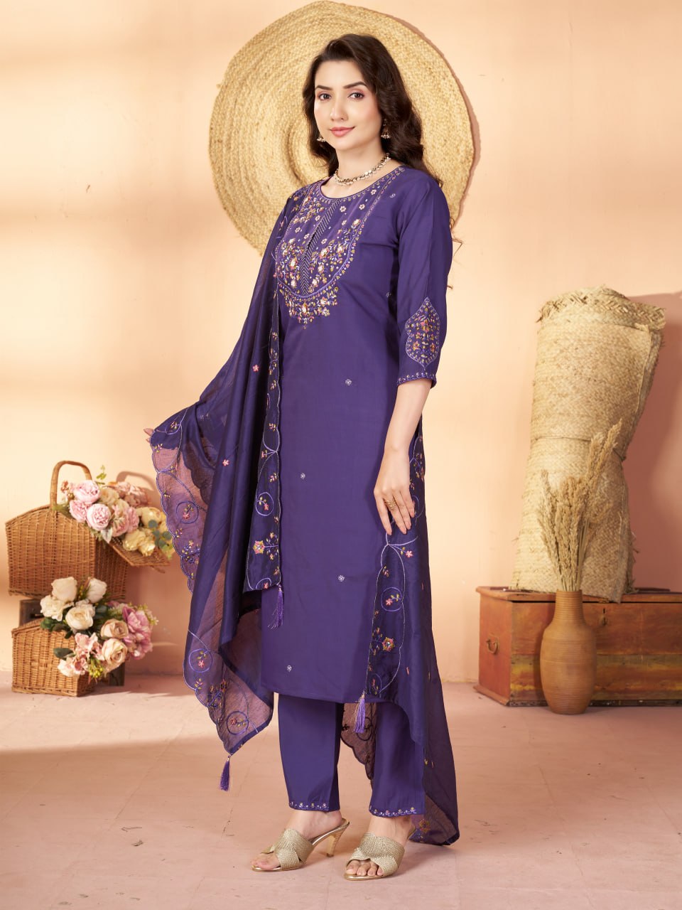 Elegant Embroidered Marina Silk Kurti Set