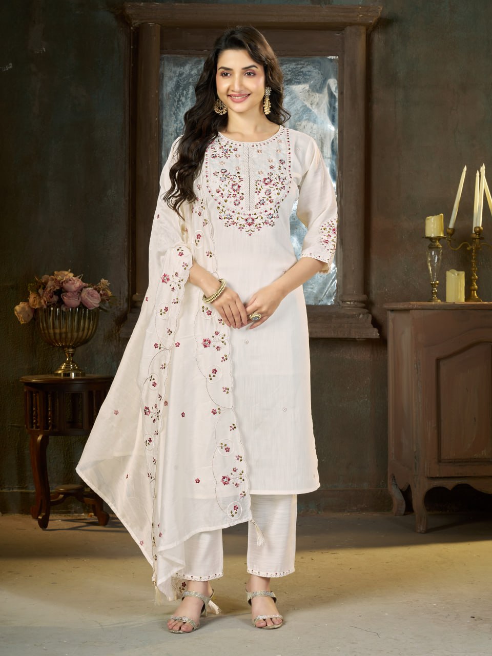 Elegant Embroidered Marina Silk Kurti Set