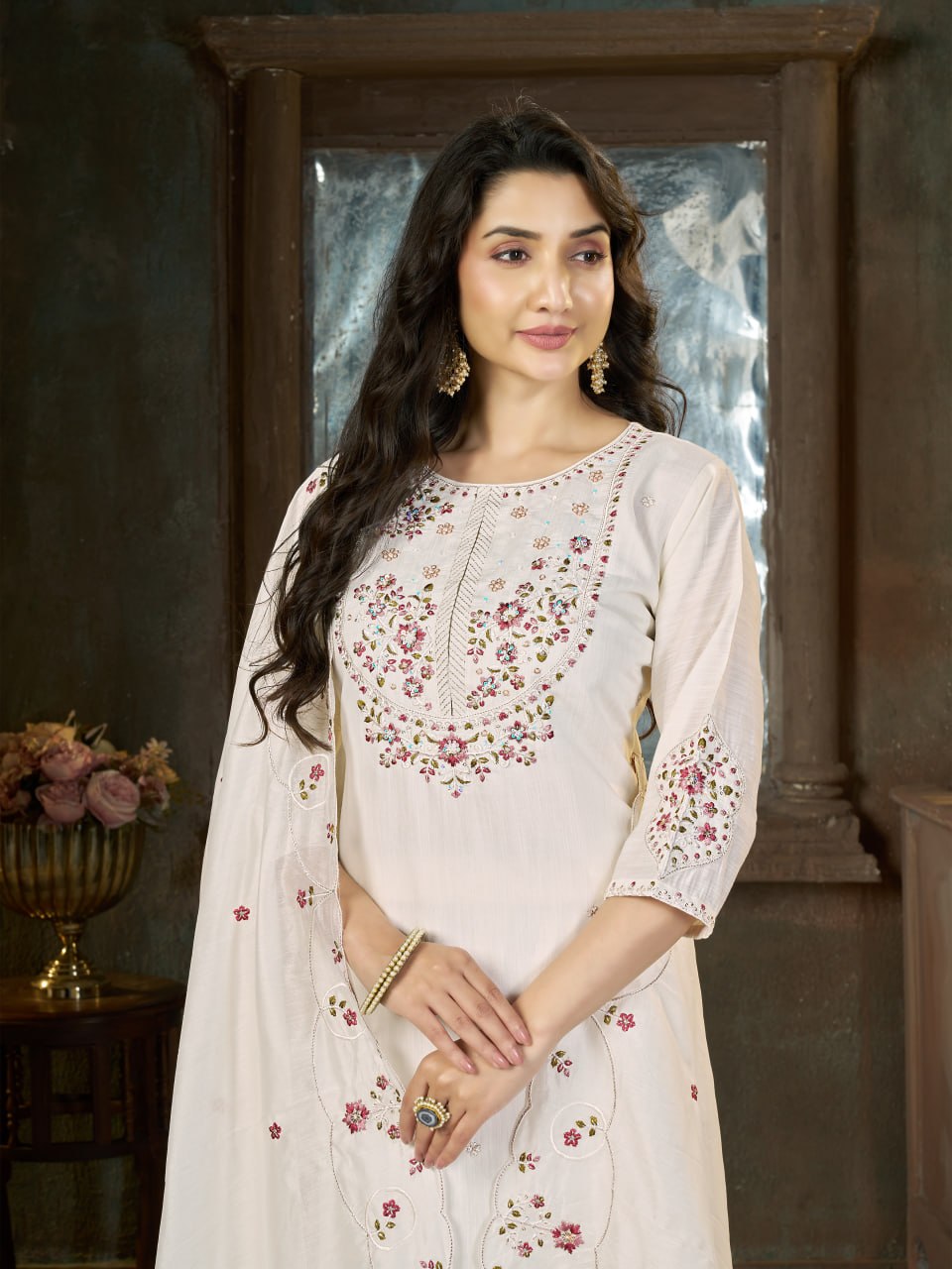 Elegant Embroidered Marina Silk Kurti Set