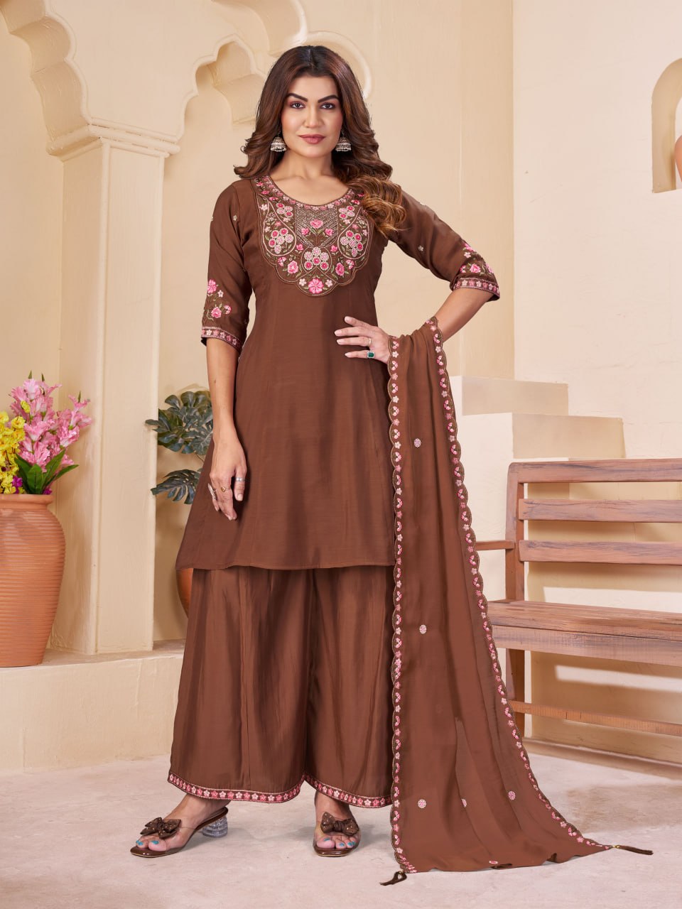 Elegant Embroidered Mal Chanderi Anarkali Kurti Set