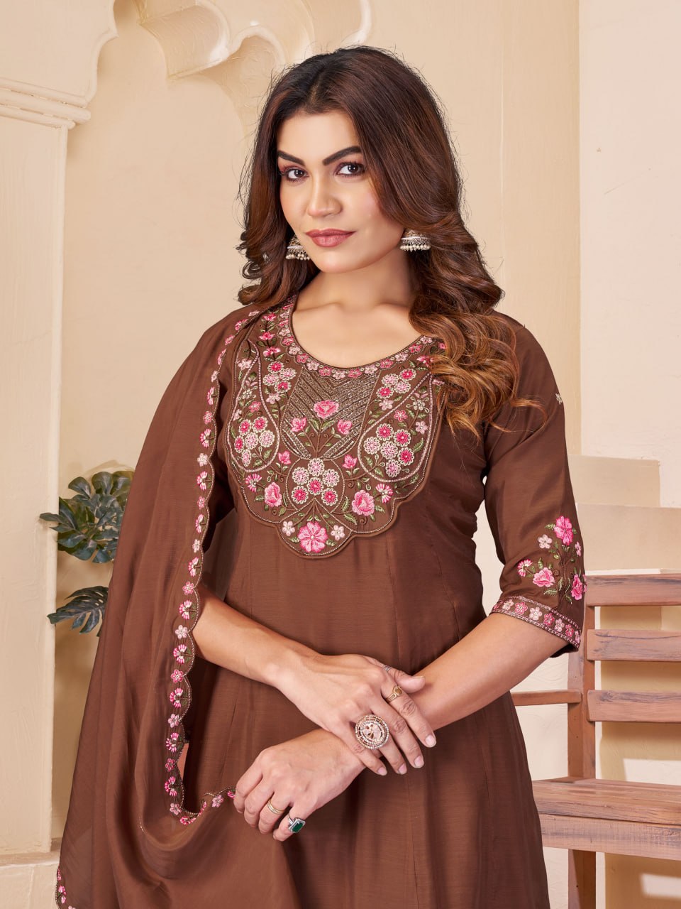 Elegant Embroidered Mal Chanderi Anarkali Kurti Set