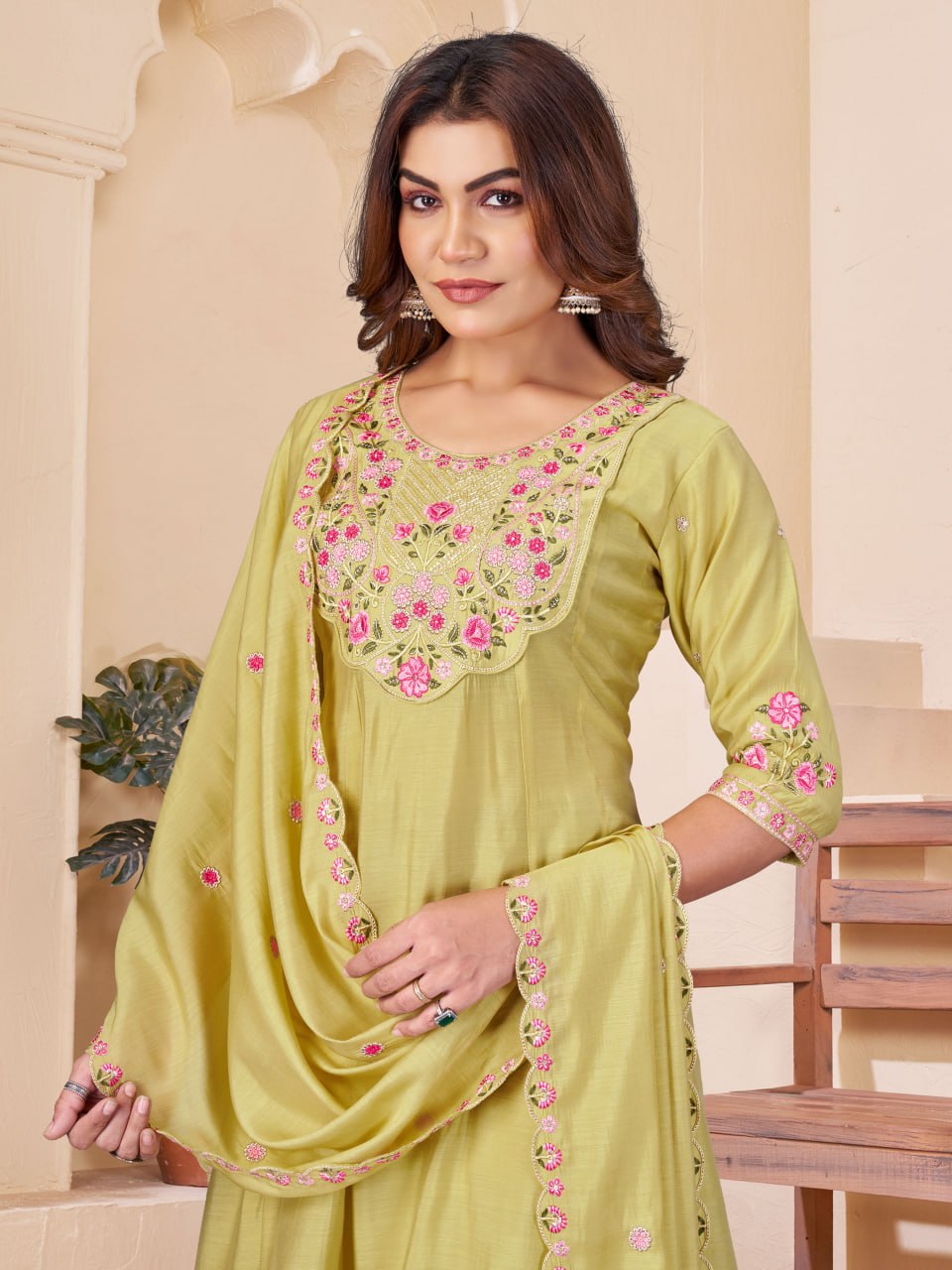 Elegant Embroidered Mal Chanderi Anarkali Kurti Set