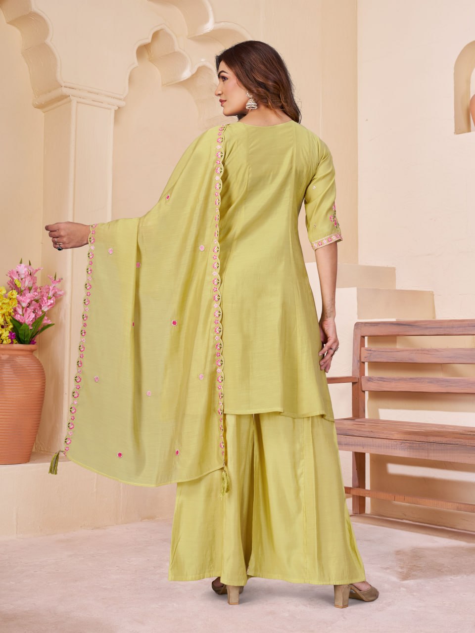 Elegant Embroidered Mal Chanderi Anarkali Kurti Set