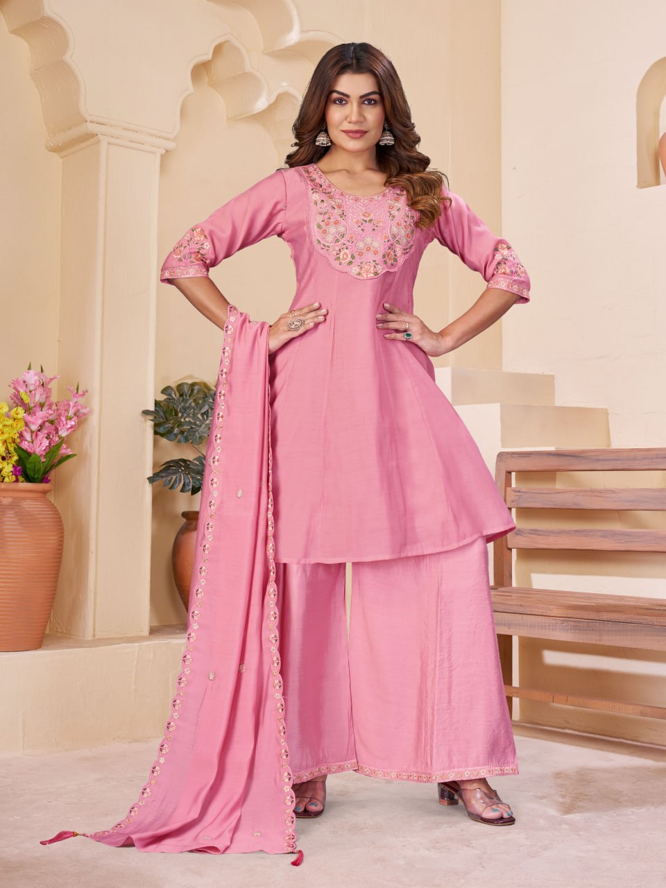 Elegant Embroidered Mal Chanderi Anarkali Kurti Set