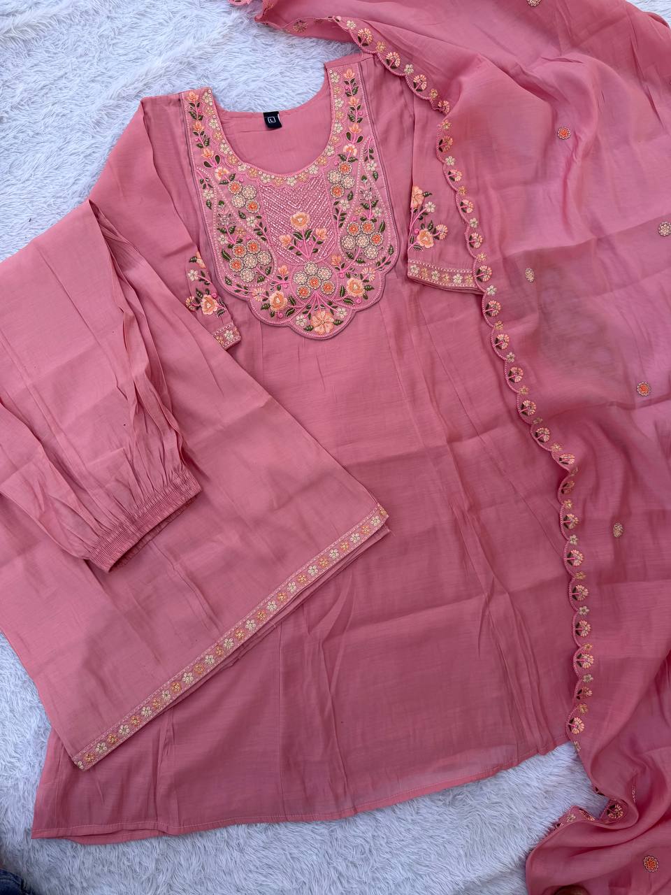 Elegant Embroidered Mal Chanderi Anarkali Kurti Set