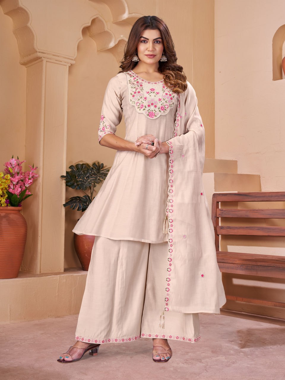 Elegant Embroidered Mal Chanderi Anarkali Kurti Set