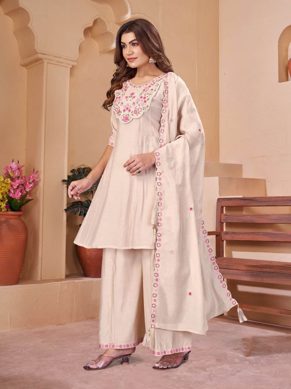 Elegant Embroidered Mal Chanderi Anarkali Kurti Set