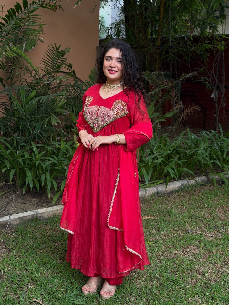 Designer Mal Chanderi Top Pant Dupatta Set