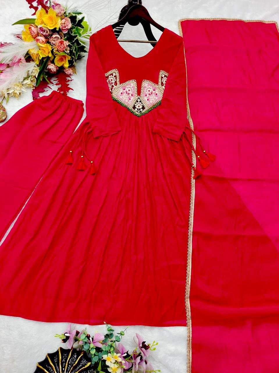 Designer Mal Chanderi Top Pant Dupatta Set