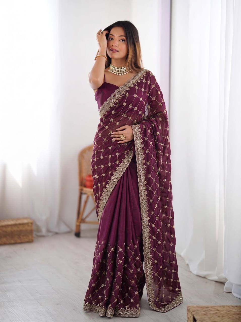 Designer Fendy Silk Saree with Heavy Beadwork