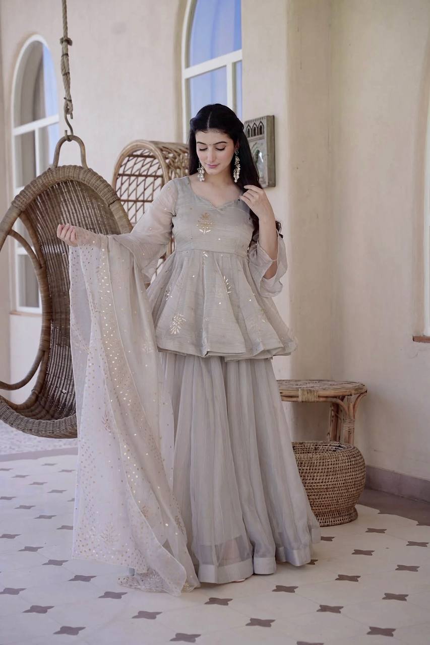 Premium Tabby Silk Top Palazzo Dupatta Set
