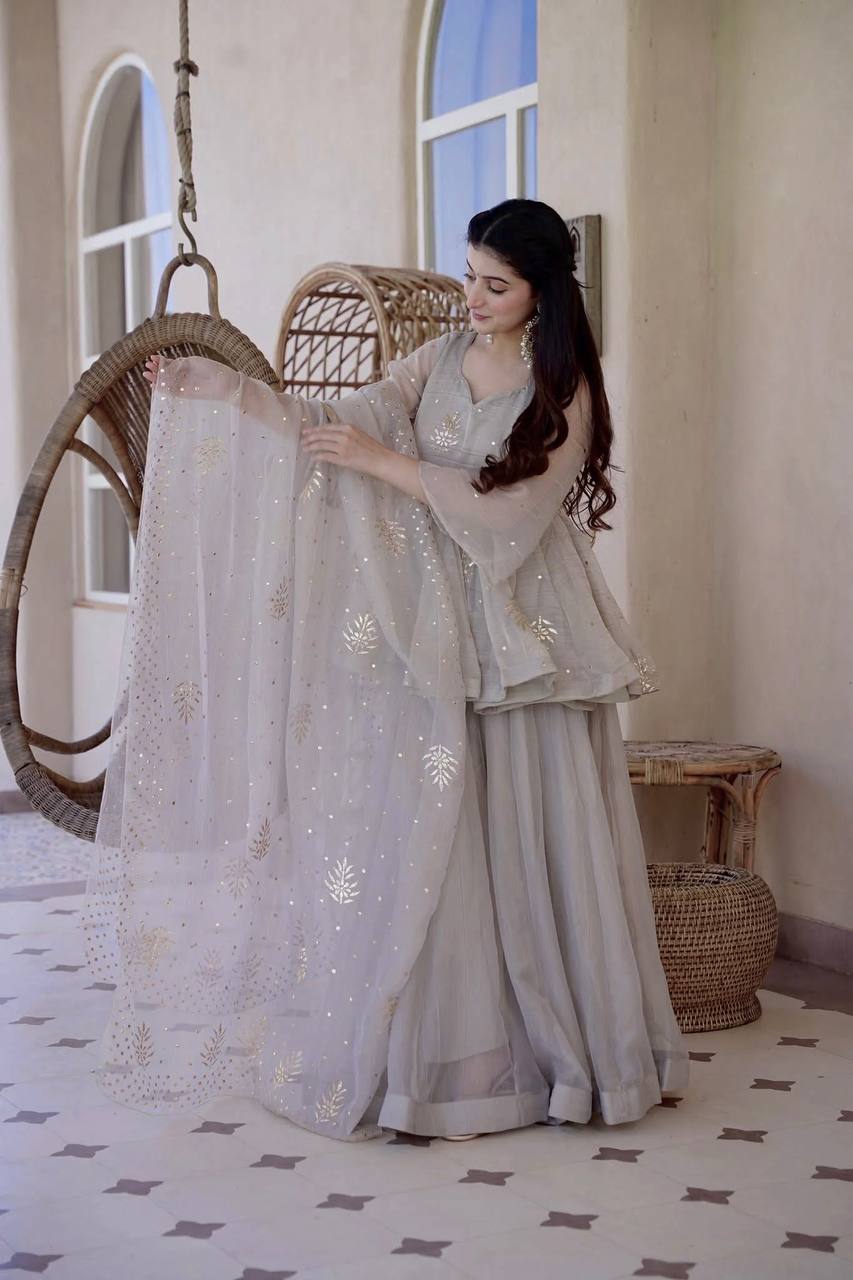 Premium Tabby Silk Top Palazzo Dupatta Set