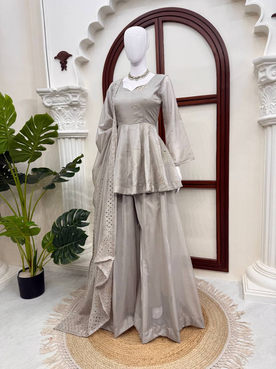 Premium Tabby Silk Top Palazzo Dupatta Set