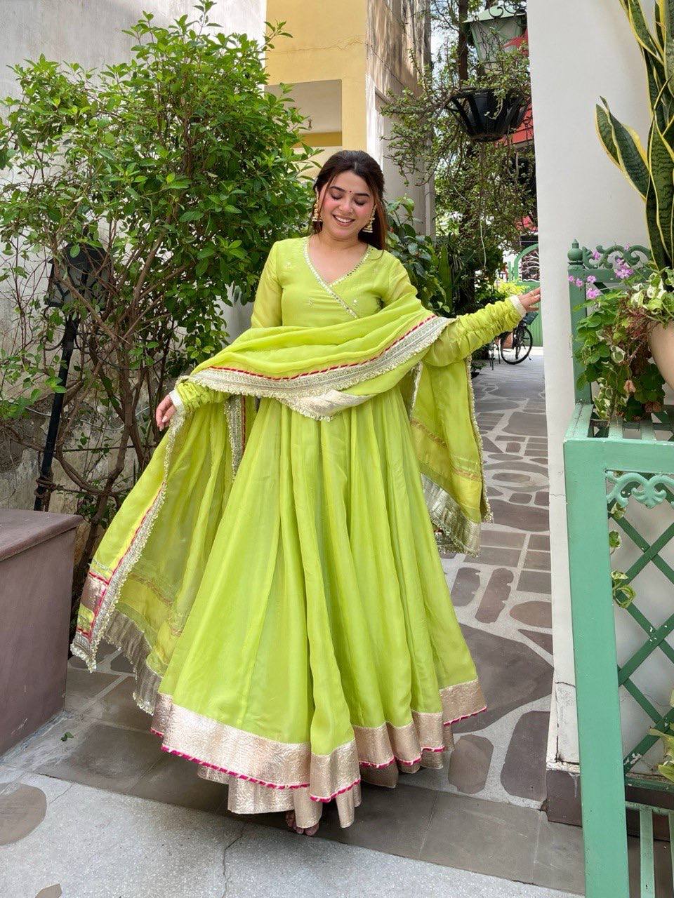 Premium Tabby Organza Silk Anarkali Lehenga Dupatta Set
