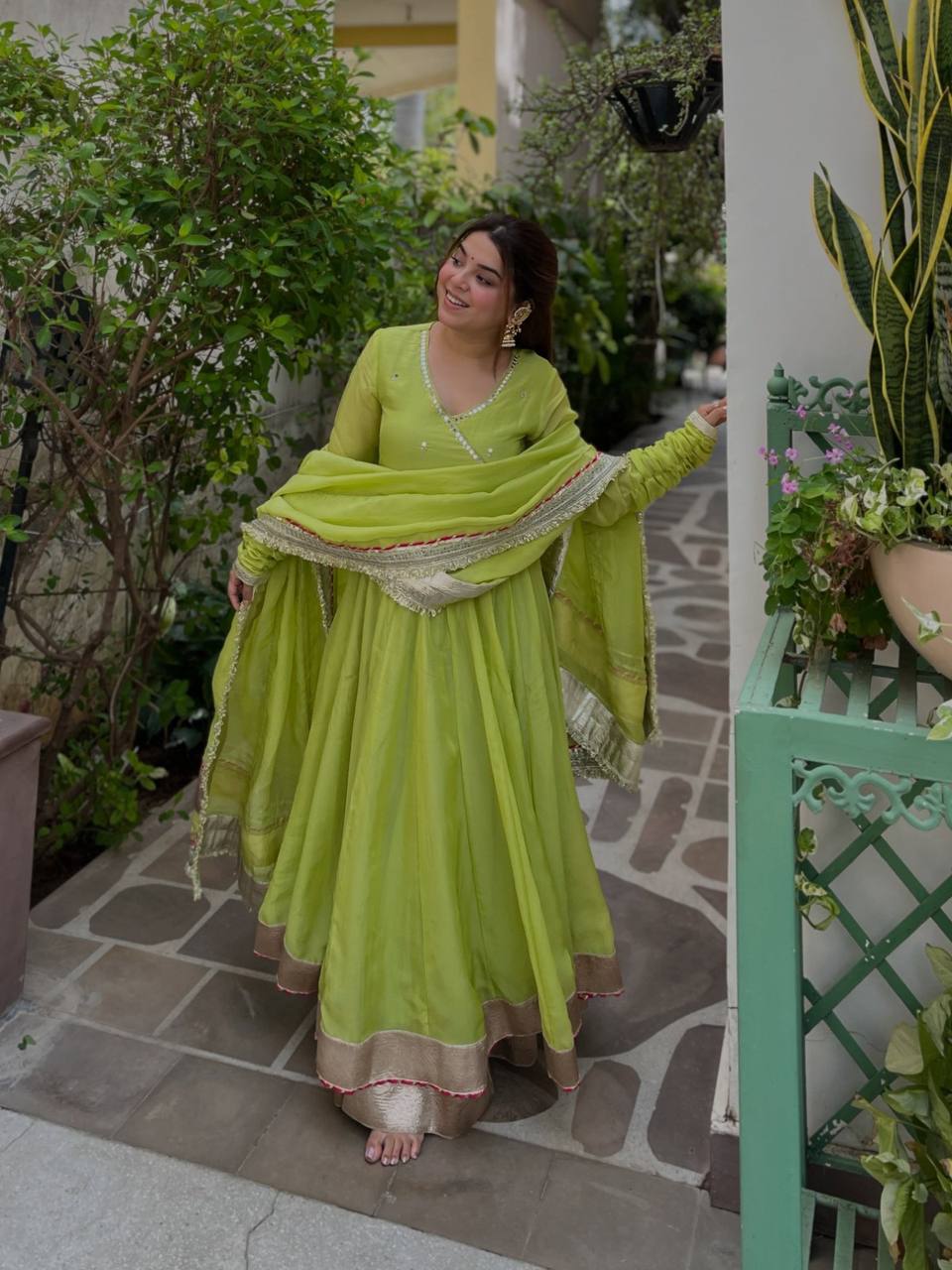 Premium Tabby Organza Silk Anarkali Lehenga Dupatta Set