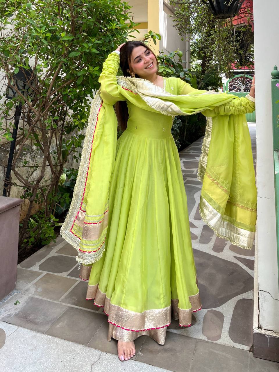 Premium Tabby Organza Silk Anarkali Lehenga Dupatta Set