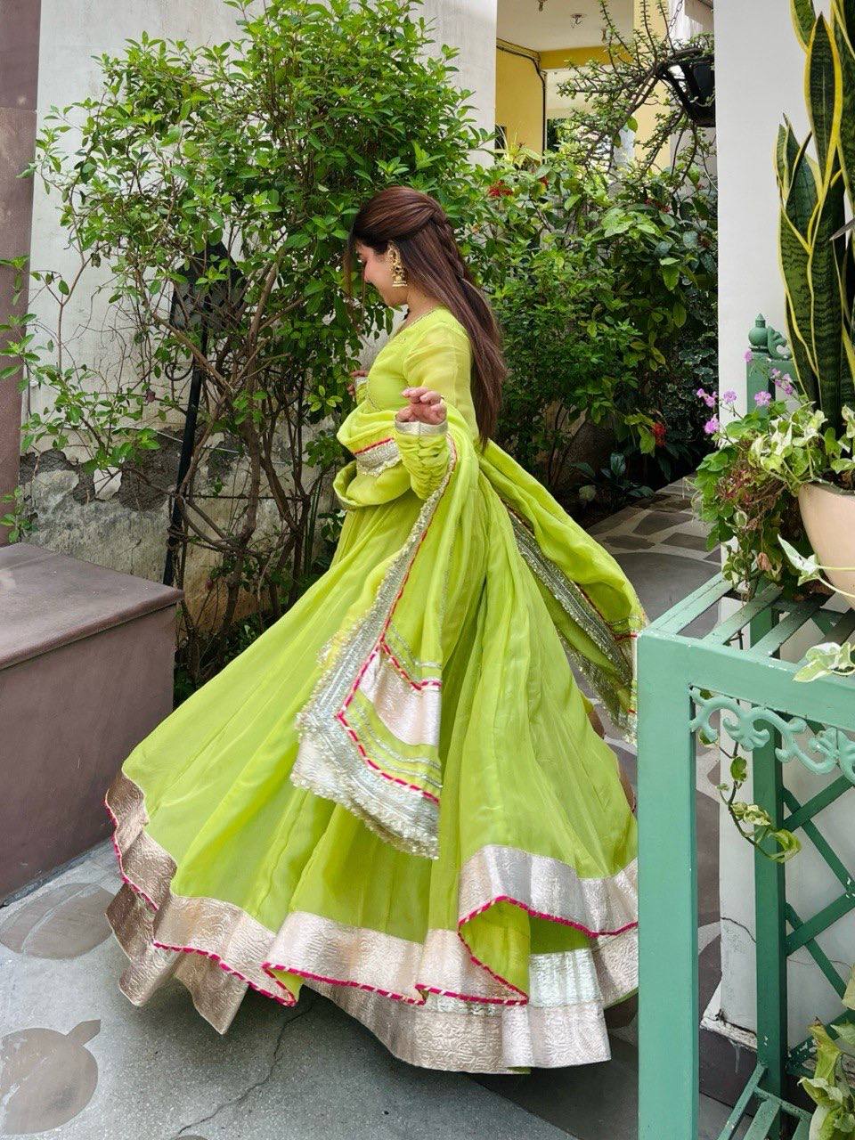 Premium Tabby Organza Silk Anarkali Lehenga Dupatta Set