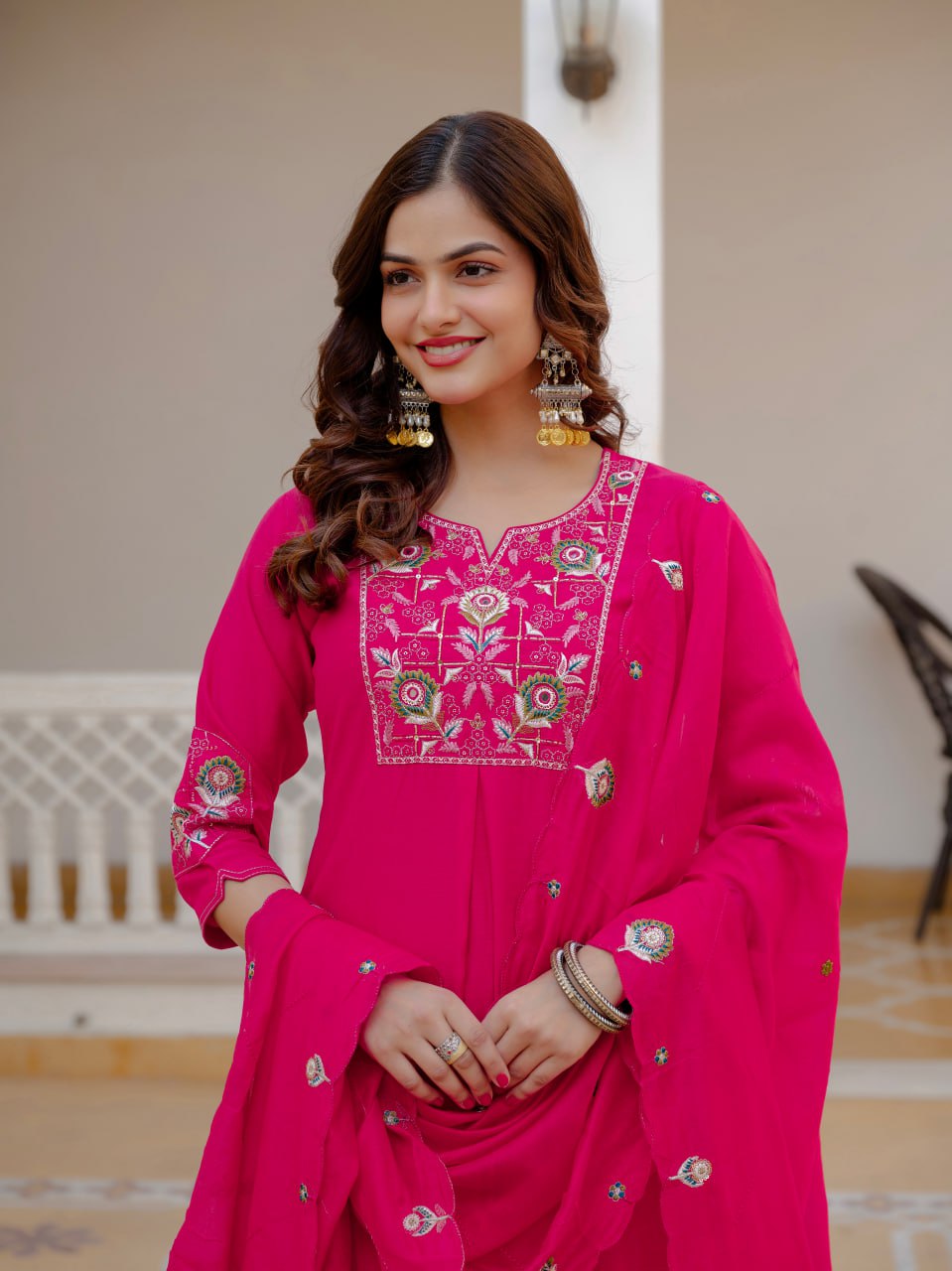 Designer Viscose Mango Silk Kurti Pant Dupatta Set