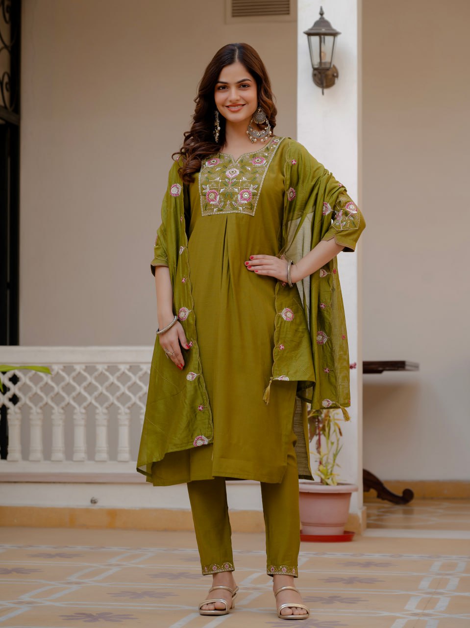 Designer Viscose Mango Silk Kurti Pant Dupatta Set