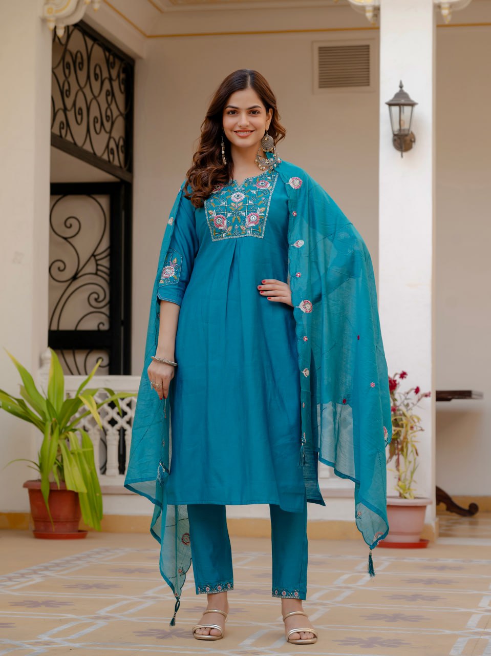 Designer Viscose Mango Silk Kurti Pant Dupatta Set