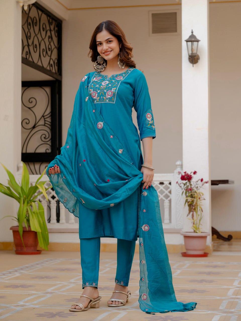 Designer Viscose Mango Silk Kurti Pant Dupatta Set