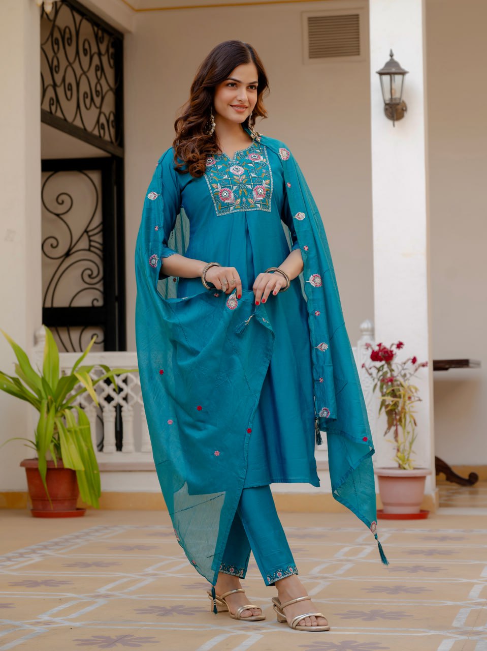 Designer Viscose Mango Silk Kurti Pant Dupatta Set