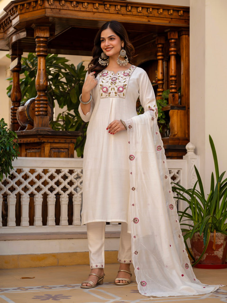 Designer Viscose Mango Silk Kurti Pant Dupatta Set